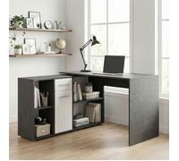 Bureau d'angle CARMEN table avec meuble de rangement intégré 4 étagères 1 porte et 1 tiroir, béton foncé/blanc