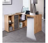 Bureau d'angle CARMEN table meuble de rangement intégré 4 étagères 1 porte et 1 tiroir, décor chêne sauvage/béton foncé