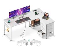 Bureau d'Angle Coleshome avec 4 Tiroirs, 155x110cm Bureau en L Réversible avec Prises/USB pour Domicile, Blanc