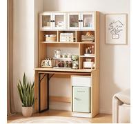 Bureau d'angle contemporain en MDF finition soft white et bois naturel, avec armoire haute 180 cm et rangement intégré