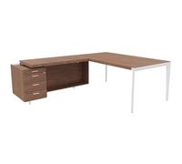 Bureau d'angle direction Arold 192 x 234 avec retour caisson porteur à gauche Placage bois noyer - Piètement métal blanc