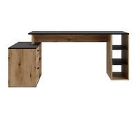 Bureau d'angle en mélamine coloris imitation chêne artisan / noir mat - Longueur 183 x profondeur 141 x Hauteur 75 cm