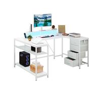 Bureau d'Angle Gaming LED YITAHOME, Tiroirs, Rangement, Support Écran, Prises, Réversible, 158x100cm, Blanc