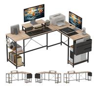 Bureau d'angle - HOMCOM - modulable réversible - 168-240 cm - étagère réglable, sac de rangement, support d'écran - bois naturel