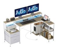 Bureau d'angle - HOMCOM - prises et lumières LED RGB - support d'écran, 2 tiroirs - bois - 172 x 100 x 89 cm - blanc