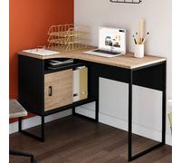IDMarket Bureau d'angle ROB noir façon hêtre, niche de rangement et porte – design industriel