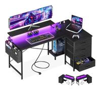 Bureau d'angle LED, Coleshome , avec 4 Tiroirs Réversible avec 2 Prise de Charge USB et 2 Prise de Courant , 140x80x84.7cm, Noir