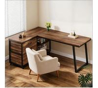 Bureau d'angle réversible avec 3 Tiroirs et 2 Niches Ouvertes - TCQPZ - Industriel, Bois et Métal, Noir et Marron