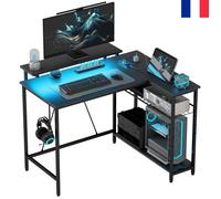 Bureau d'angle réversible Gaming en L, bureau d'ordinateur avec LED, 2 prises et 2 ports USB et panier réglable, 107x80x90cm, noir
