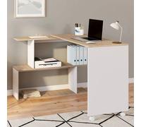 Bureau d'angle rotatif 180° JOY étagère forme S bois façon hêtre et blanc