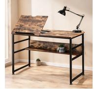 Bureau d'architecte brun rustique 120x60 cm - table à dessin industrielle inclinable avec étagère