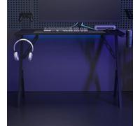 Bureau de Jeu avec Pieds en Y Noir 110x60x75 cm | Plateau bois ingénierie, pieds fer en Y, support casque et manette, porte-gobelet, finition noire moderne
