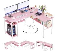 Bureau de jeu en forme de L de 128 cm avec prises de courant et ports USB, couleur rose. Forme d'angle, réversible, avec support pour l'unité centrale et étagère. Gain de place, idéal pour le bureau à