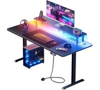 Bureau de Jeu Réglable en Hauteur 140 x 60 cm avec Lumières LED et Support d'Écran, Bureau d'Ordinateur avec Prises, Noir