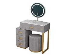 bureau de vanité Petit ensemble de bureau avec miroir éclairé et 4 tiroirs, coiffeuse maquillage for chambre à coucher tabouret rembourré, vanité finition velours gris Cabinet organisateurs(Moyen)