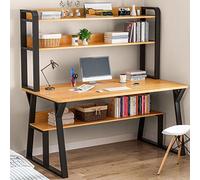 Bureau d'écriture moderne de 99,1 cm avec cadre en métal robuste, jolies étagères et bibliothèque, mobilier chic de bureau à domicile, parfait pour les études et le travail, finition élégante en poire