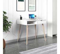 Bureau d'étude élégant avec Option de Montage Mural, Finition Blanc et Bois, 90 x 80 x 60 cm, revêtement en mélamine, épaisseur 18 mm, étagères Multiples pour l'organisation