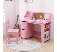 Bureau d'étude et chaise pour enfants, table d'étude en bois avec rangement, fenêtre transparente et tableau d'affichage, bureau informatique avec chaise pour garçons et filles de 3 à 8 ans