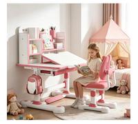 Bureau d'étude pour enfants avec chaises, chaise à double dossier, angle et hauteur du bureau réglables, 119×80×56 cm,blanc rosé
