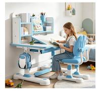 Bureau d'étude pour enfants avec chaises, chaise à double dossier, angle et hauteur du bureau réglables, 119×80×56 cm,bleu et blanc