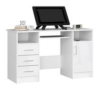 Bureau d'ordinateur AKORD ANA Blanc 124 cm 1 porte 3 tiroirs façade Blanche Brillante 5 étagères 124x52x74 cm