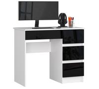 Bureau d'ordinateur AKORD droit A7 Blanc 90 cm 4 tiroirs façade Noir Brillant 90x50x77 cm