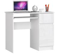 Bureau d'ordinateur AKORD droit PIKSEL Blanc 90 cm 1 porte 1 tiroir façade Blanche Brillante 3 étagères 90x50x77 cm