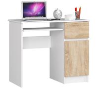 Bureau d'ordinateur AKORD droit PIKSEL Blanc 90 cm 1 porte 1 tiroir façade Chêne Sonoma 3 étagères 90x50x77 cm