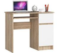Bureau d'ordinateur AKORD droit PIKSEL Chêne Sonoma 90 cm 1 porte 1 tiroir façade Blanche 3 étagères 90x50x77 cm Chêne Sonoma / Blanc G