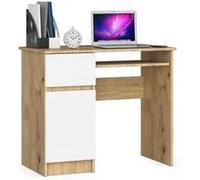 Bureau d'ordinateur AKORD gauche PIKSEL Chêne Artisan 90 cm 1 porte 1 tiroir façade Blanche 3 étagères 90x50x77 cm Chêne Artisan / Blanc G