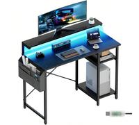 Bureau d'ordinateur avec éclairage LED, table de bureau avec support d'écran pour la maison/le bureau, bureau d'angle avec grand sac de rangement et étagère de rangement réglable en hauteur, télétrava