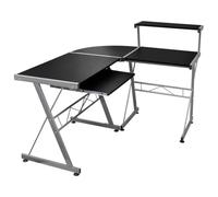 Bureau d'ordinateur d'angle noir 132 x 112 x 99 cm en bois | En forme de L avec plateau de clavier extensible, étagère à monter à gauche ou à droite, pour bureau et salon