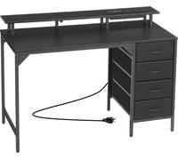 Bureau d'ordinateur de 120 cm avec éclairage LED intelligent et prises électriques, bureau de jeu avec 4 grands tiroirs, support pour écran, bureau d'étude pour le télétravail, petits espaces, rangeme