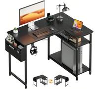 Bureau d'ordinateur de bureau de 110 cm avec 1 grande poche de rangement et 2 étagères réglables, bureau d'angle peu encombrant pour la maison, le bureau à domicile et le bureau, avec crochet pour cas