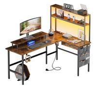 Bureau d'ordinateur en forme de L - Bureau d'angle - Réversible - Avec multiprise - Rangement et support pour écran - Structure métallique - 150 x 74 cm, couleur marron