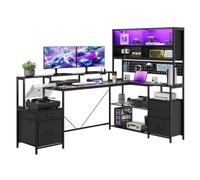 Bureau d'ordinateur en L 190 cm avec tiroirs, grand bureau gaming d'angle | 3 prises AC & 2 ports USB, support écran et étagères, poste de travail standard UE pour bureau à domicile One Size