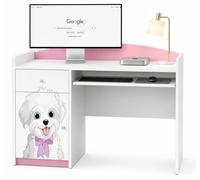 Bureau d'ordinateur pour enfants rose | Bureau d'écolier aux couleurs pastel | Bureau compact avec tiroir pour clavier, idéal pour une chambre de fille, avec des motifs de chiens