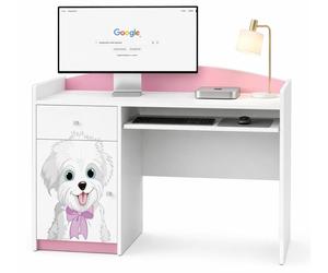 Bureau d'ordinateur pour enfants rose | Bureau d'écolier aux couleurs pastel | Bureau compact avec tiroir pour clavier, idéal pour une chambre de fille, avec des motifs de chiens