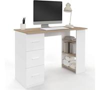 IDMarket – Bureau droit MAE – 3 tiroirs et étagères de rangement – Blanc et bois