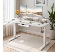 Bureau Électrique Réglable en Hauteur, 140 x 70 cm, Support d’Écran, Tiroir, Port USB-C, Blanc