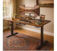 Bureau Électrique Réglable en Hauteur, 140 x 70 cm, Support d’Écran, Tiroir, Port USB-C, Marron
