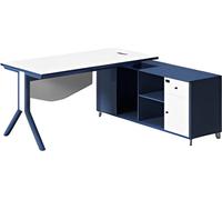 Bureau élégant avec surface de travail blanche et espace de rangement intégré bleu