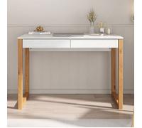 Bureau en bois avec 2 tiroirs NOAH, design scandinave, en pin massif coloris blanc et chêne