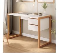 Bureau en Bois Belinda L 119 cm 2 Tiroirs Coloris Blanc et Chêne Table de Travail Bureau Droit Compact