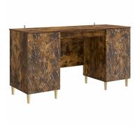 Bureau en Bois Composite Chêne Fumé avec Rangements, 142,5 x 50 x 75 cm | Pieds en eucalyptus, étagères pratiques, porte pivotante, finition lisse, entretien facile, design scandinave