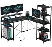 Bureau en forme de L avec station de recharge et étagère | Couleur : Noir | Dimensions : 140x137x139,5 cm