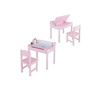 COSTWAY Bureau pour Enfants avec Chaise, Rouleau de Papier, Plateau Rabattable (Rangement Caché)en Bois pour 3+ Ans Rose