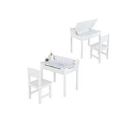 COSTWAY Bureau pour Enfants avec Chaise, Rouleau de Papier, Plateau Rabattable (Rangement Caché)en Bois pour 3+ Ans Blanc