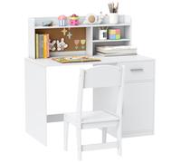 Bureau enfant avec chaise - AIYAPLAY - tiroir, placard, compartiments ouverts, tableau en liège - bois - 90,2x48,1x 90,8cm - blanc