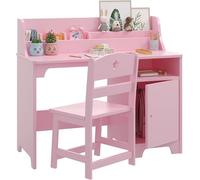 Bureau enfant avec chaise et armoire en bois – Bureau d'étude multifonctionnel pour enfants avec rangement, bureau ergonomique pour étudiants, montage facile, 93x42x78 cm, rose
